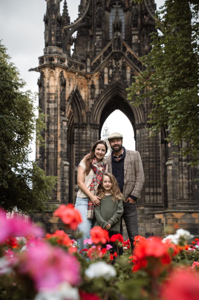 Family portrait in front of the Scott Monument in Princes Street Gardens, Edinburgh.